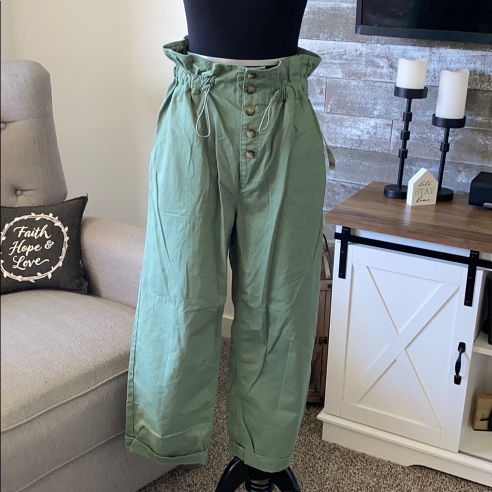 Green paper bag pants